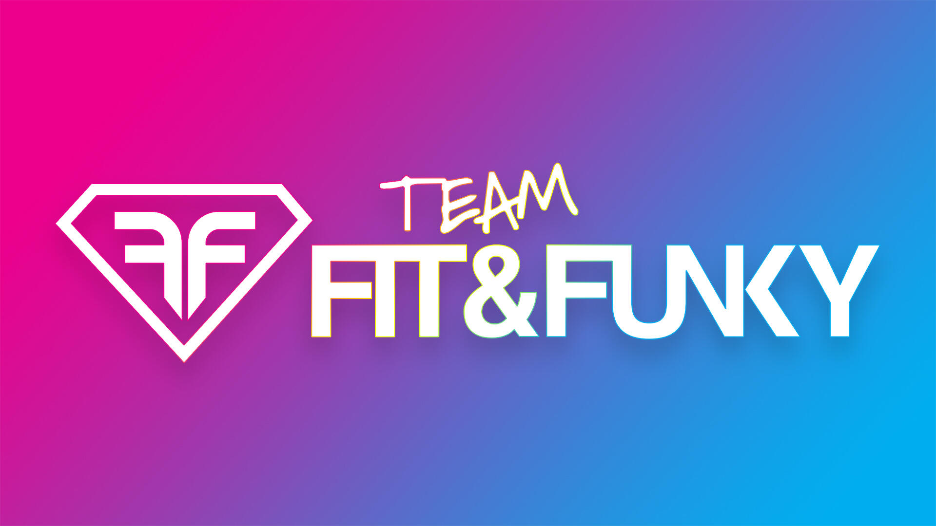 White Team Fit & Funky typeface and logo on a pink and blue gradient background